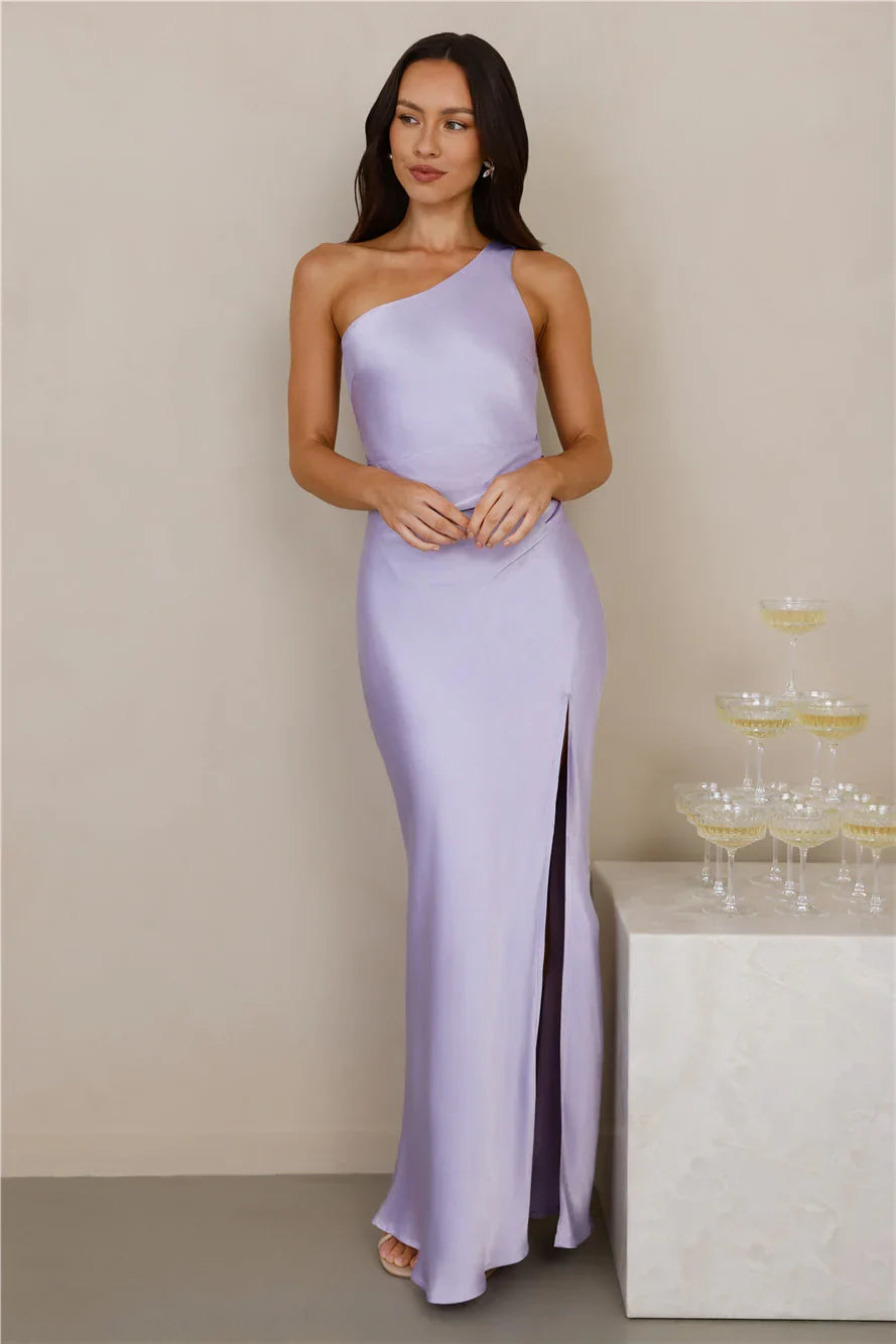 The Aurora One Shoulder Satin Maxi Dress Lilac