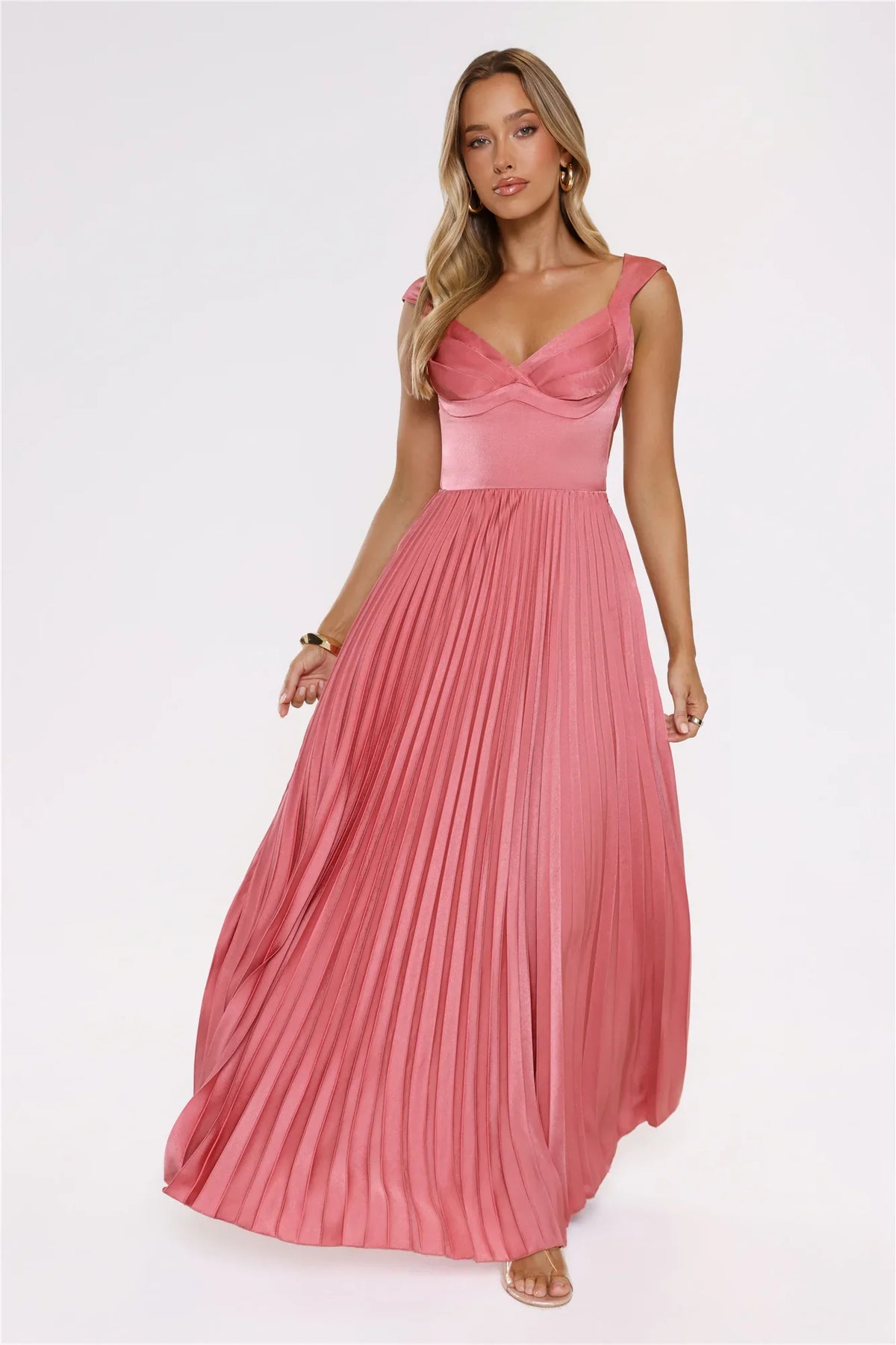 Satin Glow Pleated Maxi Dress Rose