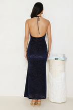 Zebra Charm Halter Maxi Dress Navy