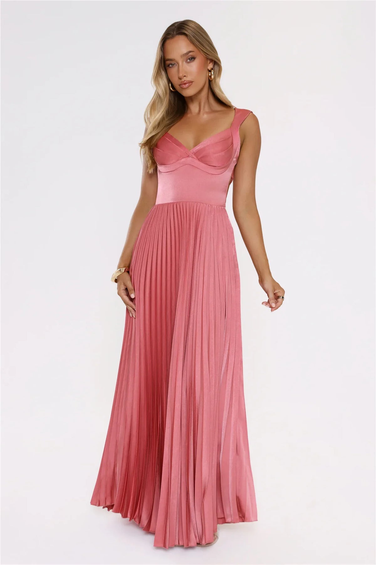 Satin Glow Pleated Maxi Dress Rose