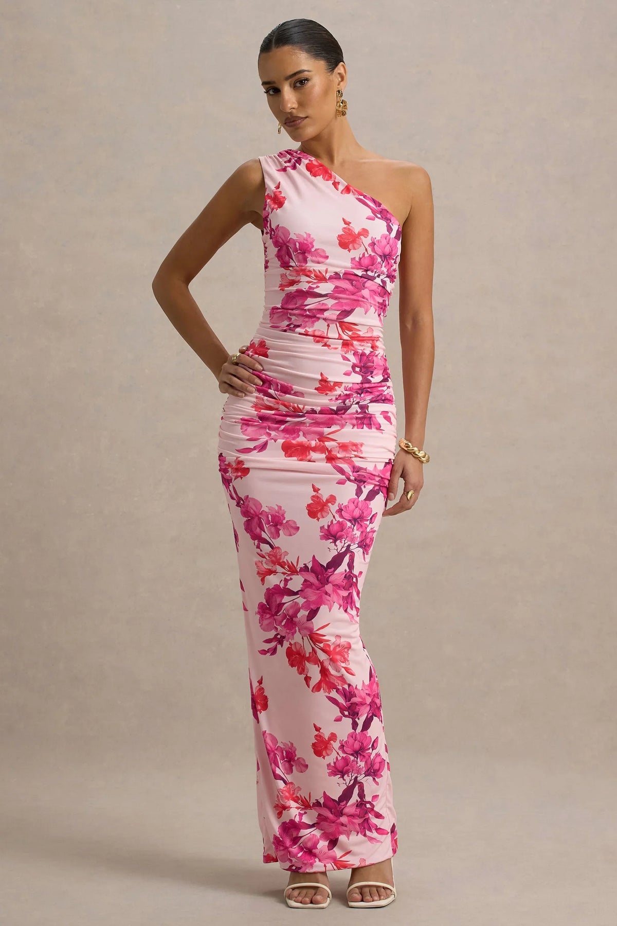 Dalarie | Pink and Orange Floral Print One-Shoulder Gathered Maxi Dress