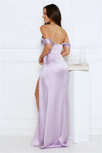 Silken Starlet Off Shoulder Satin Maxi Dress Lavender