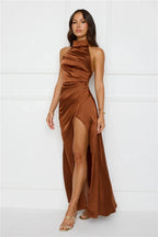 Sonnet Satin Halter Maxi Dress Chocolate