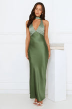 Sunlit Grove Satin Halter Maxi Dress Green