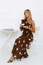 She's Trendy One Shoulder Polka Dot Maxi Dress Brown