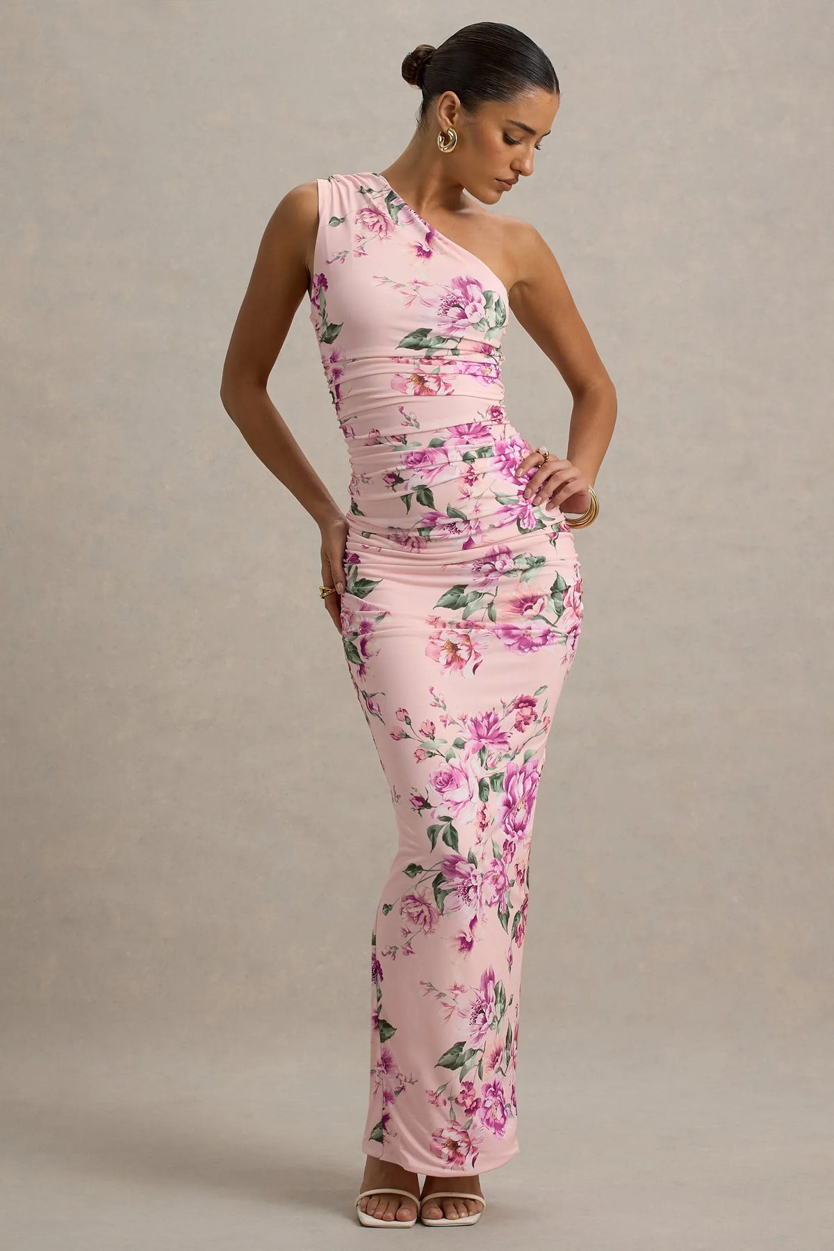 Dalarie | Pink Floral Print One-Shoulder Gathered Maxi Dress