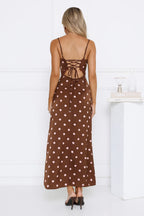 Staple Trend Polka Dot Satin Maxi Dress Brown