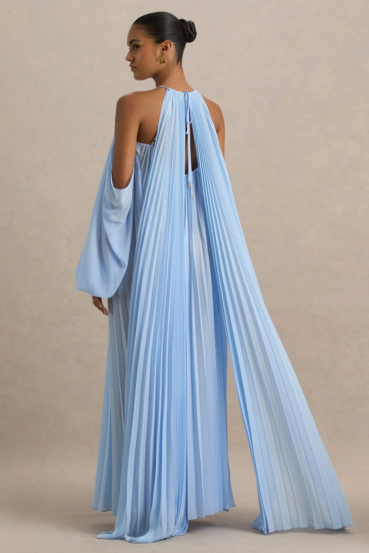 Reyna | Powder Blue Pleated Chiffon Cold-Shoulder Maxi Dress