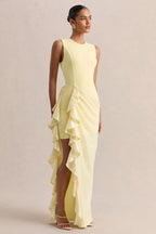 Ada | Lemon Crew-Neck Maxi Dress With Sheer Skirt And Ruffled Detailing