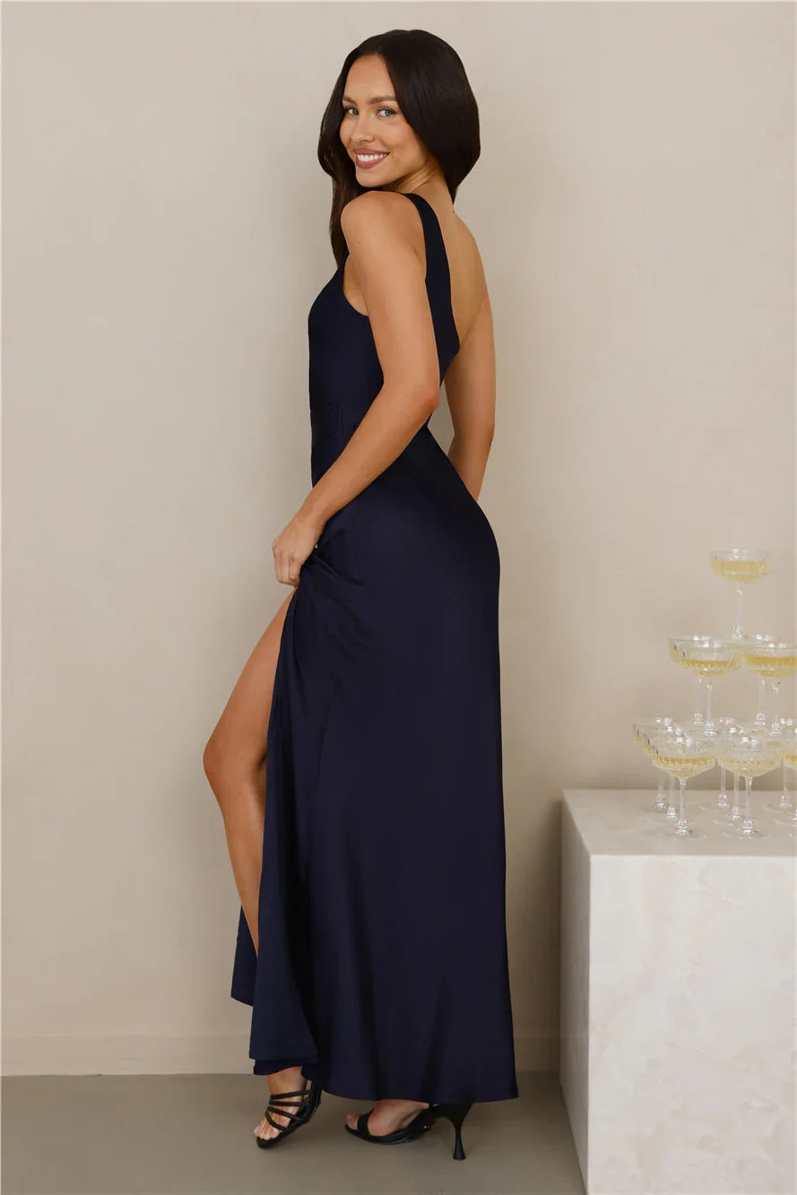 The Aurora One Shoulder Satin Maxi Dress Navy