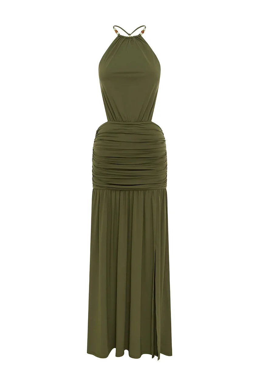 IMELDA HIGH NECK MAXI DRESS - OLIVE