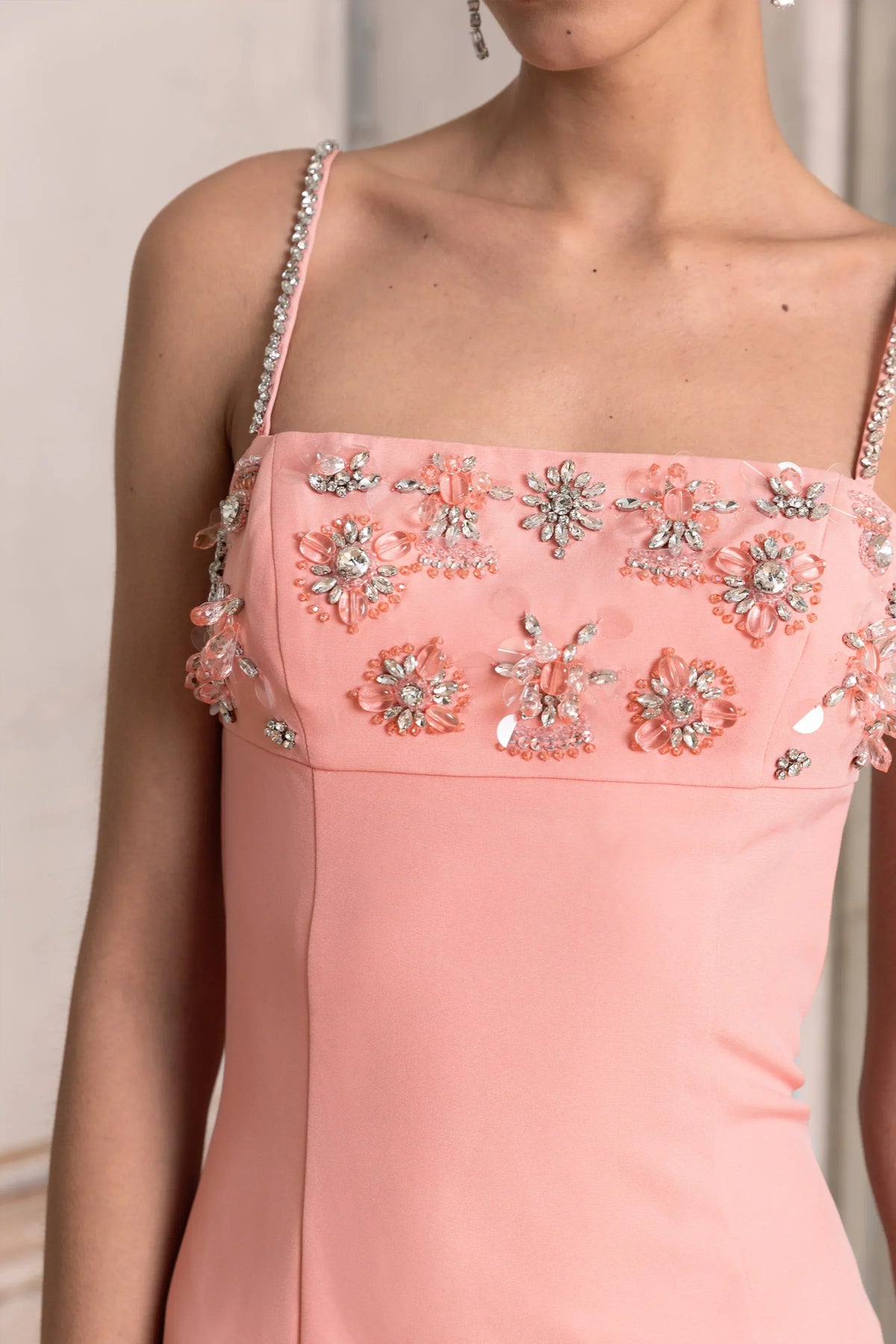 One To Remember | Coral Square-Neck Embellished Midi Dress