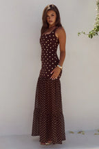 TILLIE SHEER BOTTOM MAXI DRESS - CHOC/LEMON POLKA