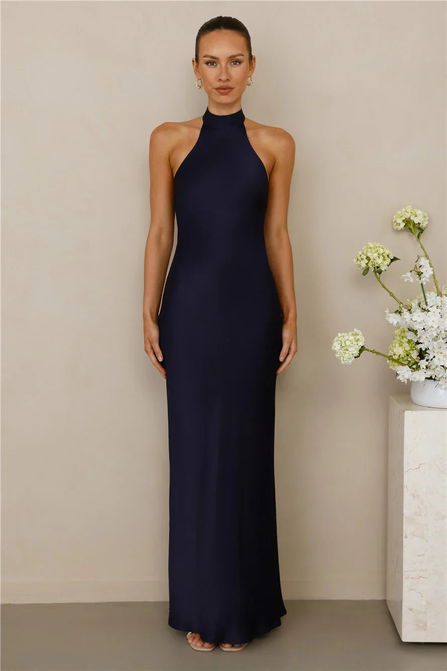 The Cleo Halter Satin Maxi Dress Navy