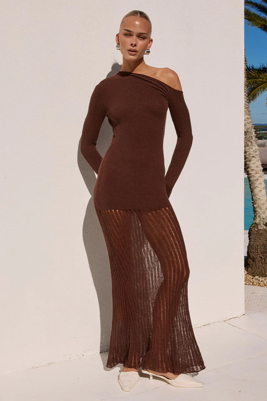 GRETA ONE SHOULDER KNIT MAXI DRESS - CHOCOLATE
