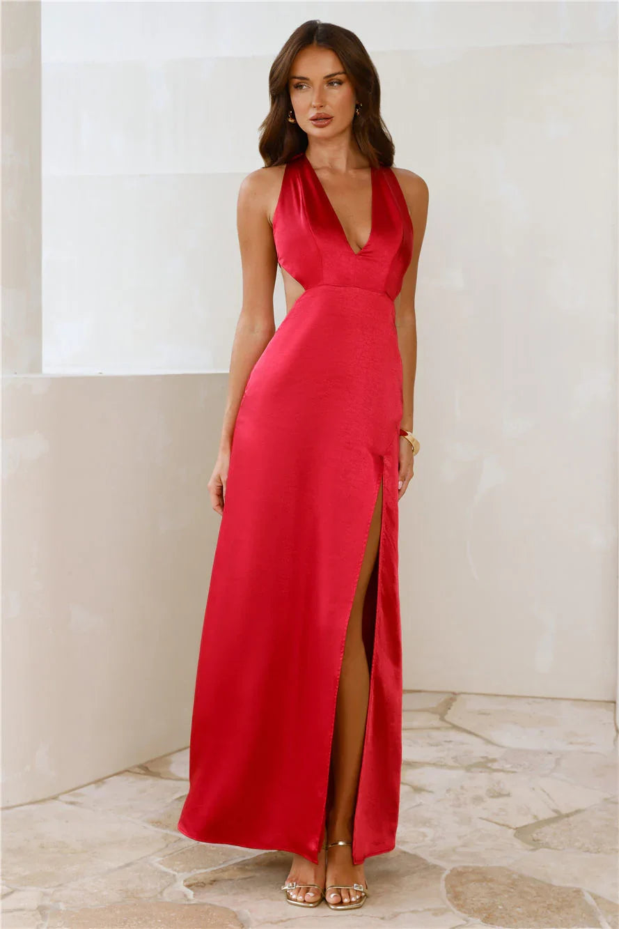 Until The Sun Rises Satin Maxi Dress Red