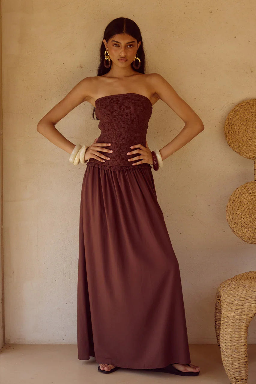 FLEUR SHIRRED STRAPLESSS MAXI DRESS - CHOCOLATE