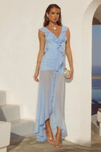 BLYTHE V-NECK FRILL MAXI DRESS - BLUEBELL