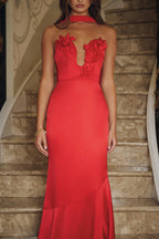 Wild Blossom Dance Strapless Satin Maxi Dress Red