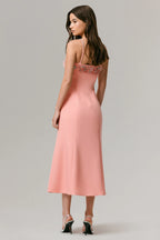 One To Remember | Coral Square-Neck Embellished Midi Dress