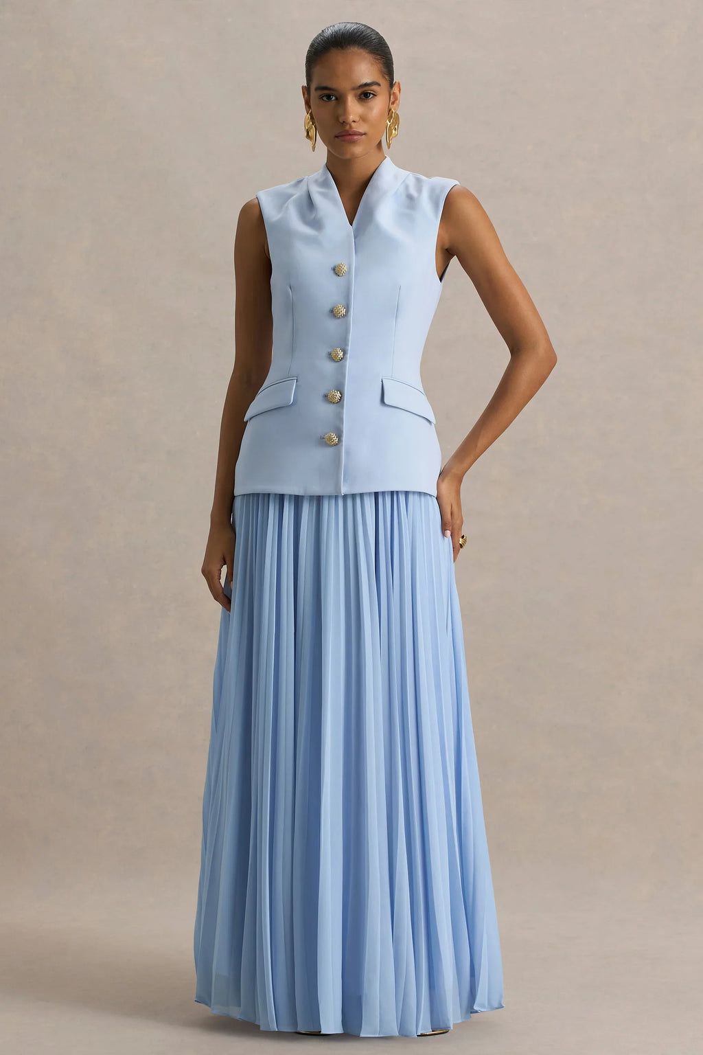 Heavenly | Powder Blue High Neck Maxi Dress With Pleated Detailing