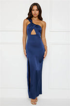 Strong Desire Satin One Shoulder Maxi Dress Navy