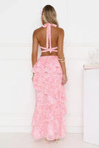 Tropical Bloom Halter Tiered Maxi Dress Pink