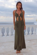 FLORA CUT OUT HALTER MAXI DRESS - OLIVE
