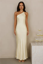 The Evangeline One Shoulder Satin Maxi Dress Yellow