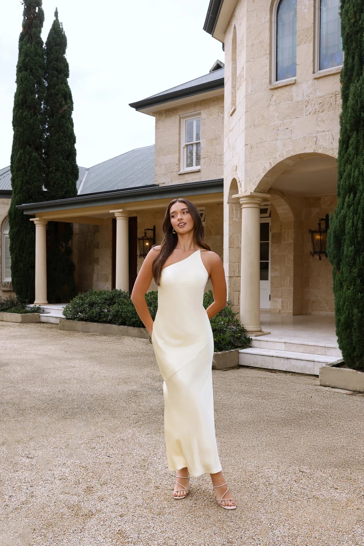 The Evangeline One Shoulder Satin Maxi Dress Yellow