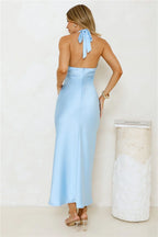 Undeniably Magnetic Halter Satin Maxi Dress Blue