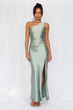 The Aurora One Shoulder Satin Maxi Dress Sage