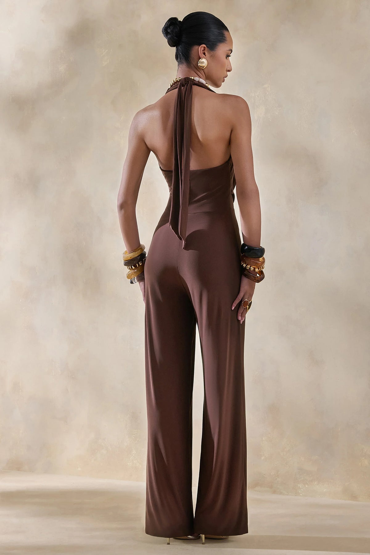 Clemence | Brown Plunge-Neck Jumpsuit