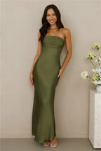 The Seraphina Strapless Satin Maxi Dress Olive