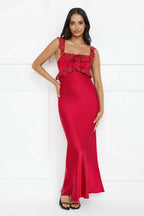 Waltzing In Romance Satin Maxi Dress Red