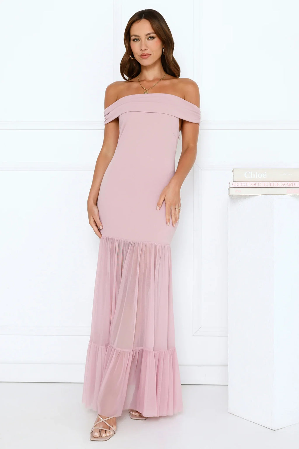 Starlit Aurora Off Shoulder Mesh Maxi Dress Pink