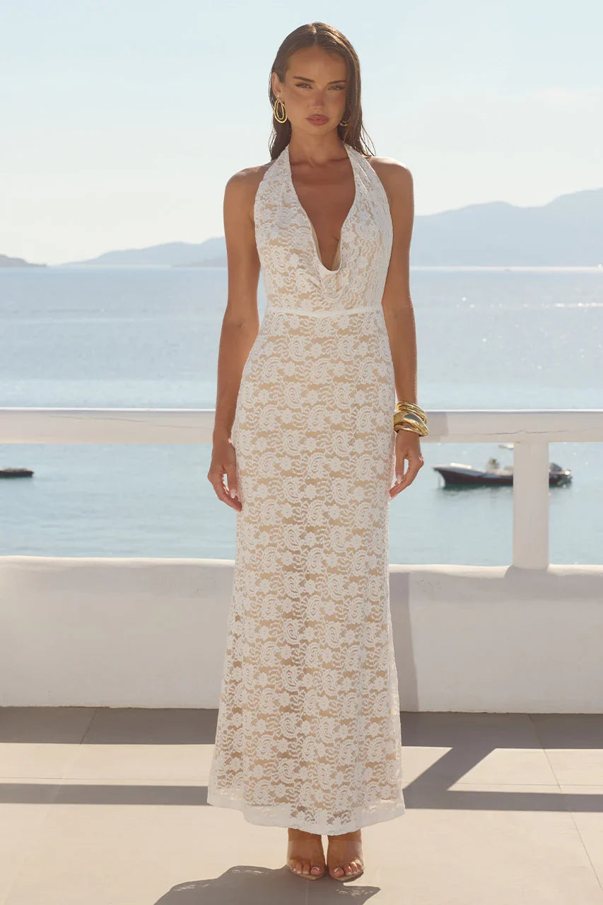 KYLO PLUNGE COWL MAXI DRESS - WHITE