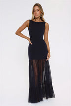 Sultry Mesh Tie Back Cutout Maxi Dress Navy