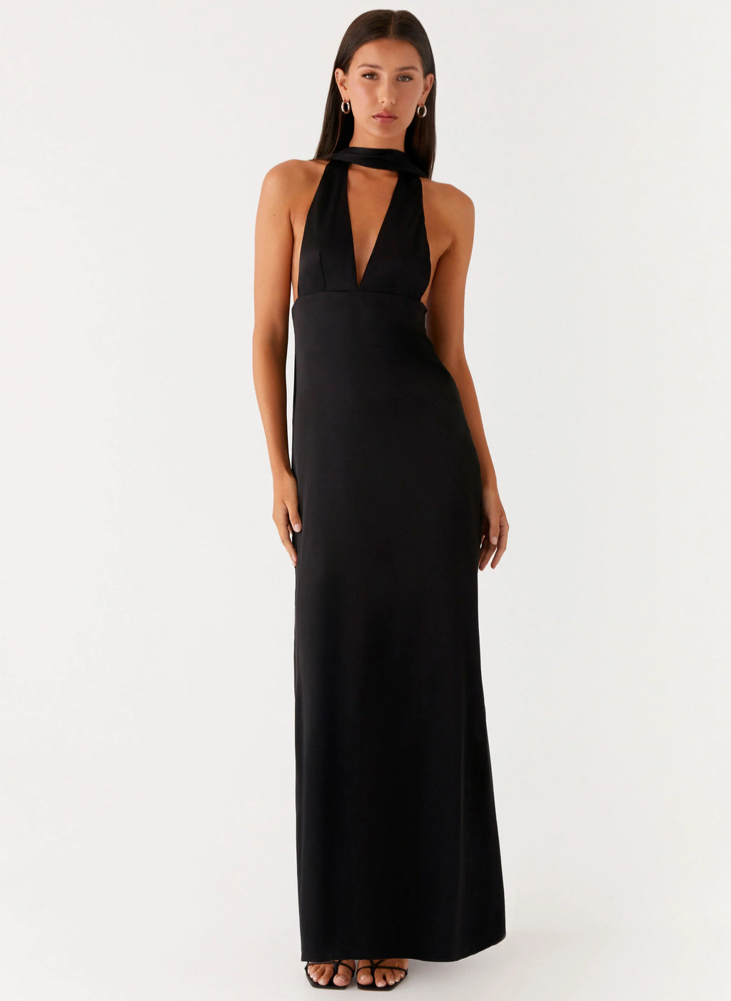 Alicia Satin Halter Maxi Dress - Black