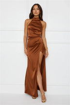 Sonnet Satin Halter Maxi Dress Chocolate