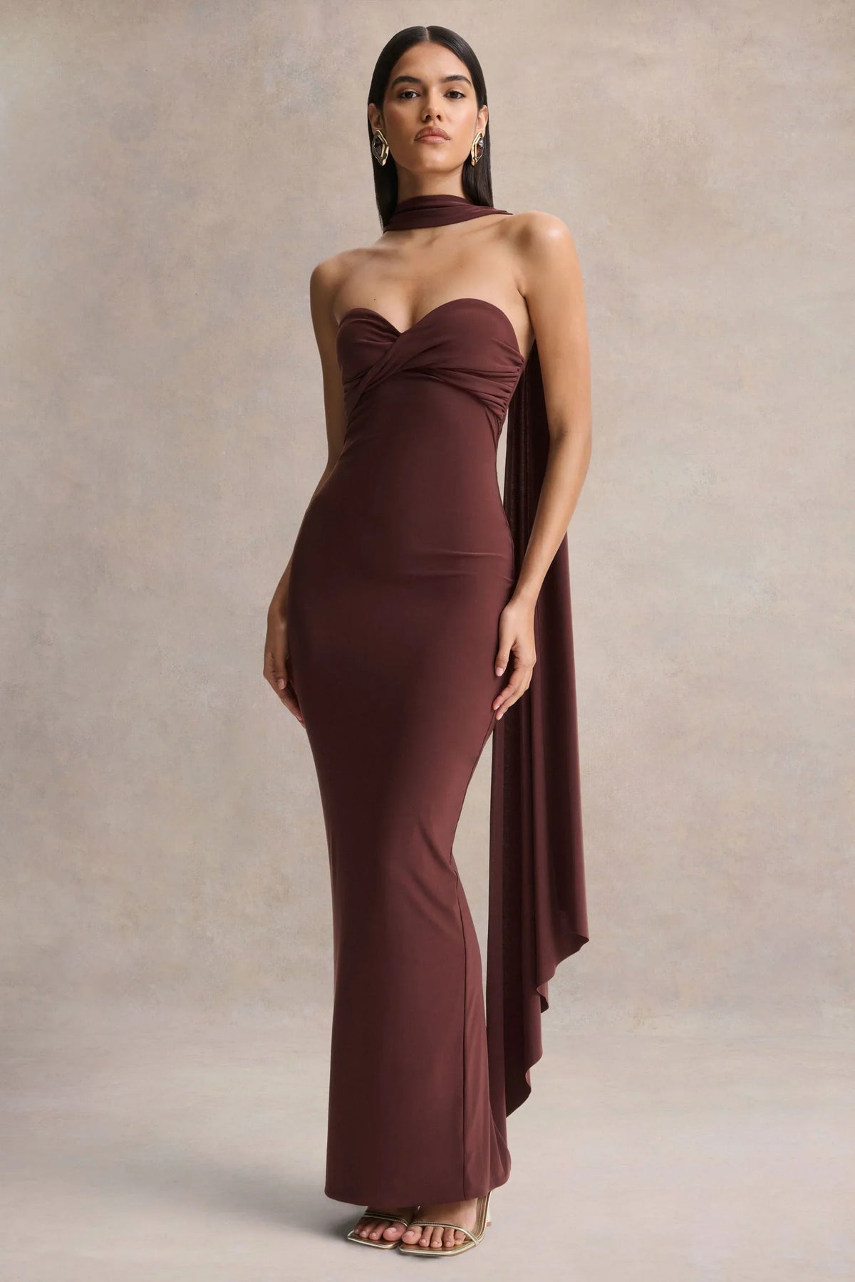 Sheila | Dark Brown Bandeau Maxi Dress With Scarf Detail