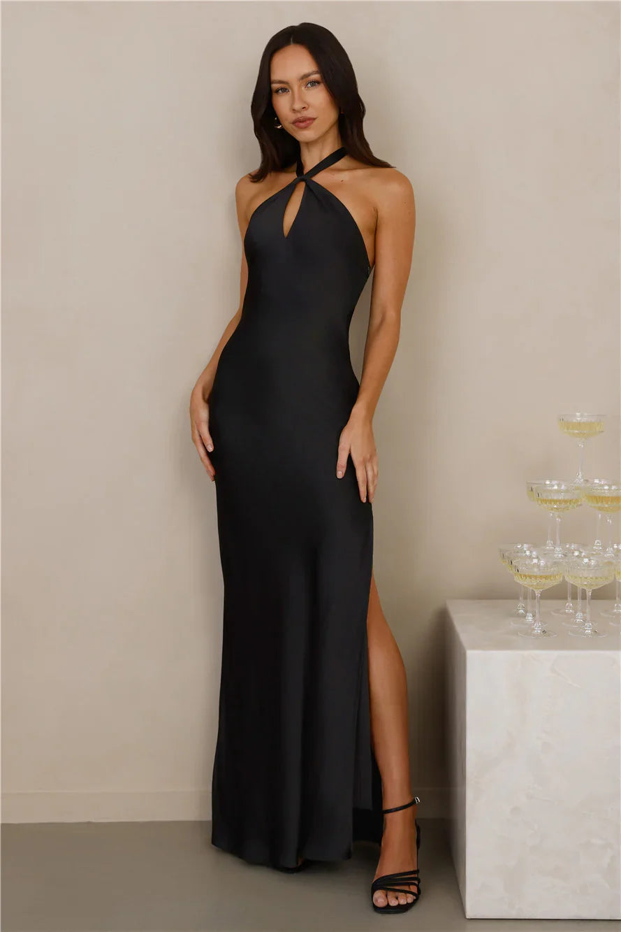 The Delilah Satin Halter Maxi Dress Black
