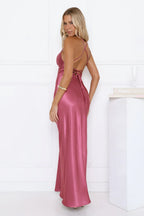 Satin Lace Twist Front Crisscross Maxi Dress Berry