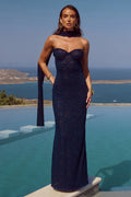AMANA STRAPLESS SCARF MAXI DRESS - NAVY