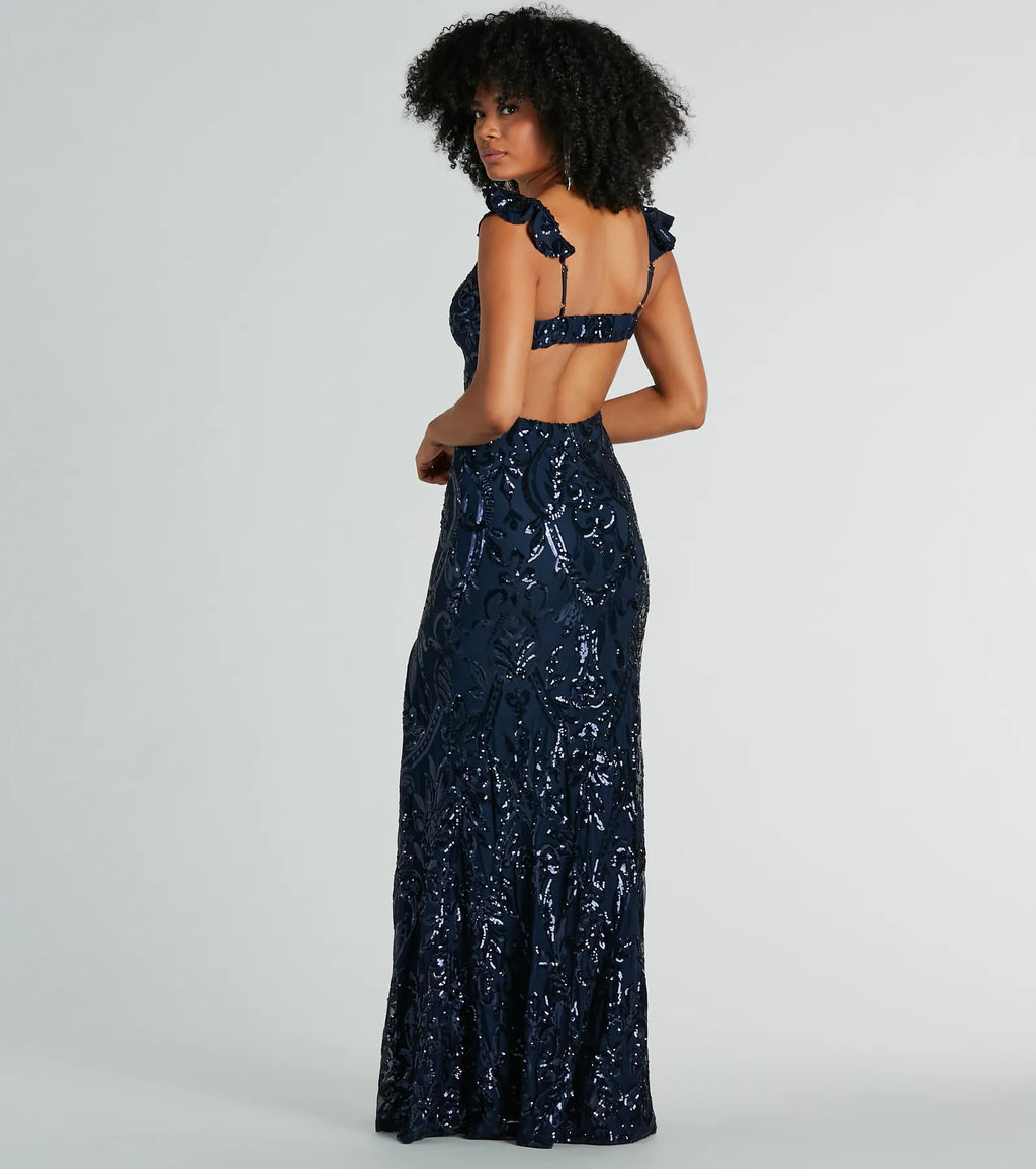 Estella V-Neck Column Long Sequin Formal Dress
