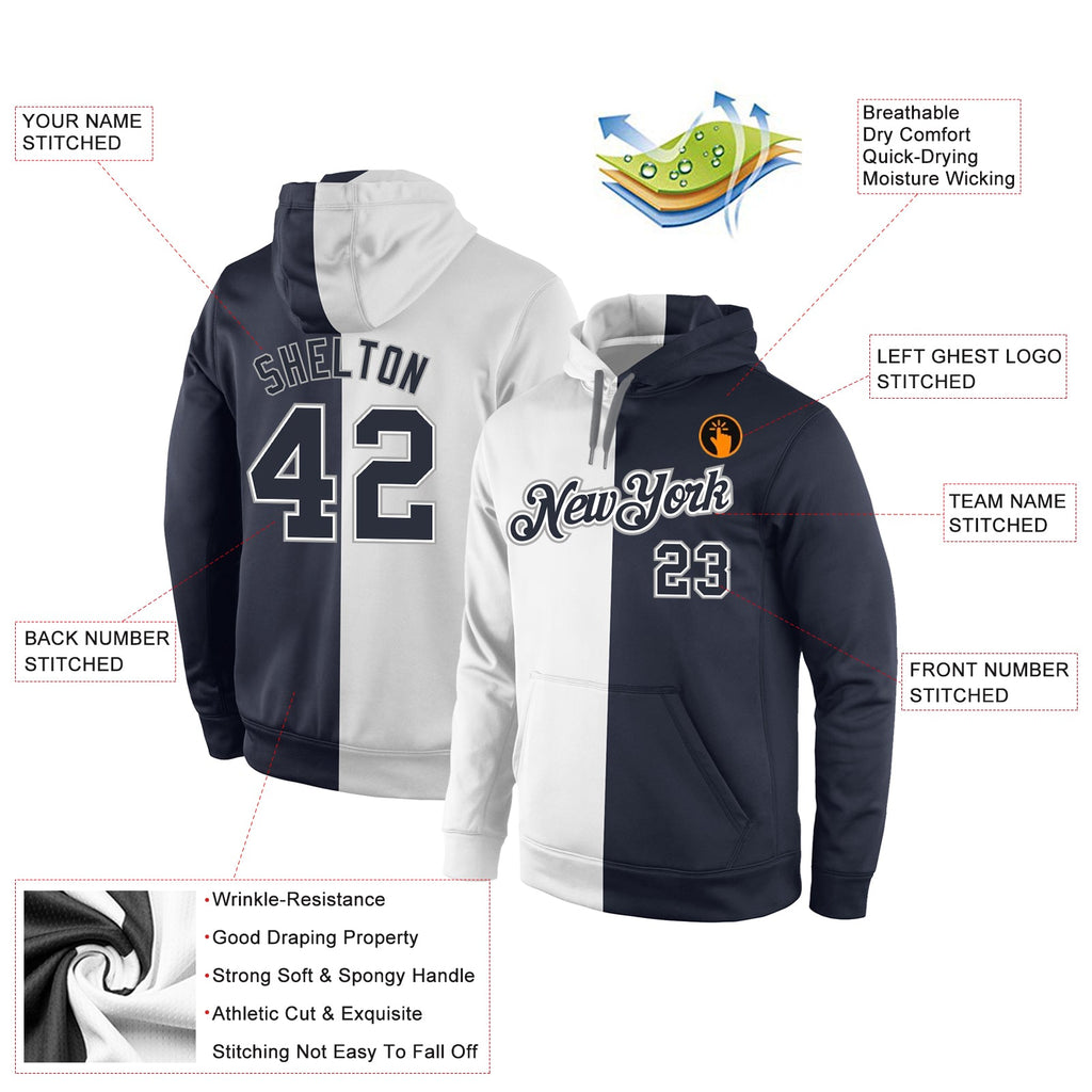 Custom Stitched White Navy Split Fashion Sports Pullover Sweatshirt Hoodie